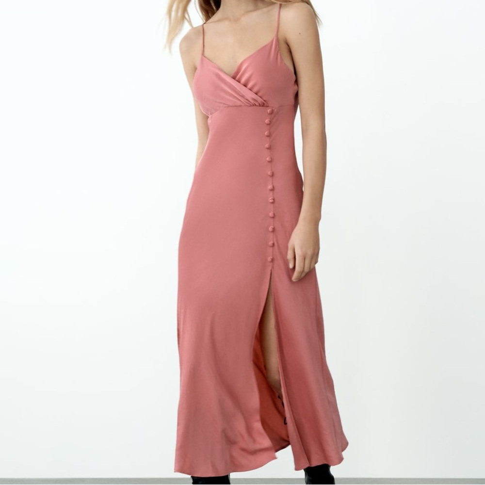 Pink Zara midi dress with button detail – NWT